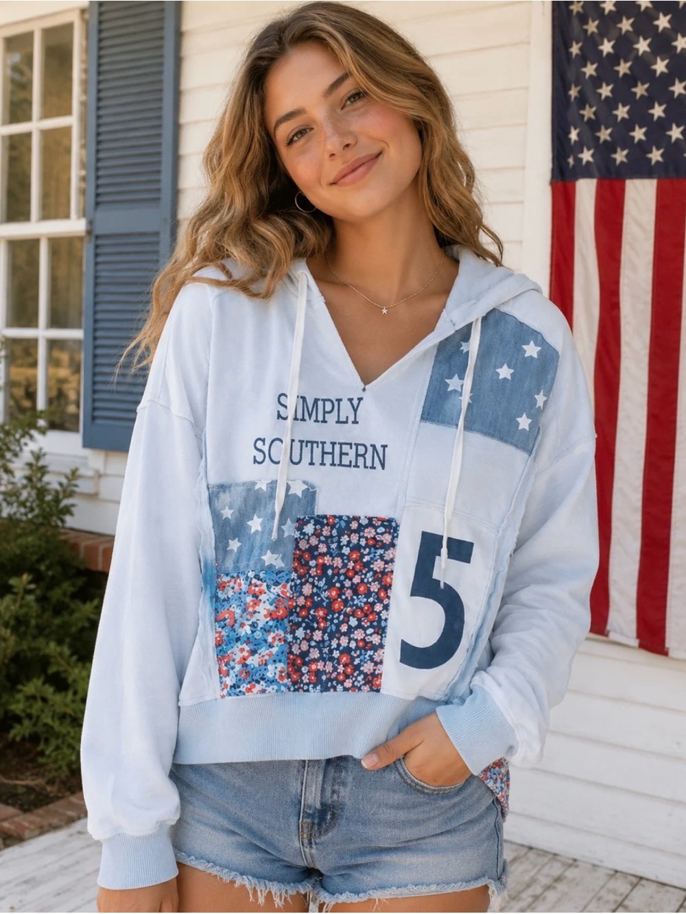 Simply Southern Light Blue Patchwork V-Neck Hoodie with Floral and Flag Panels